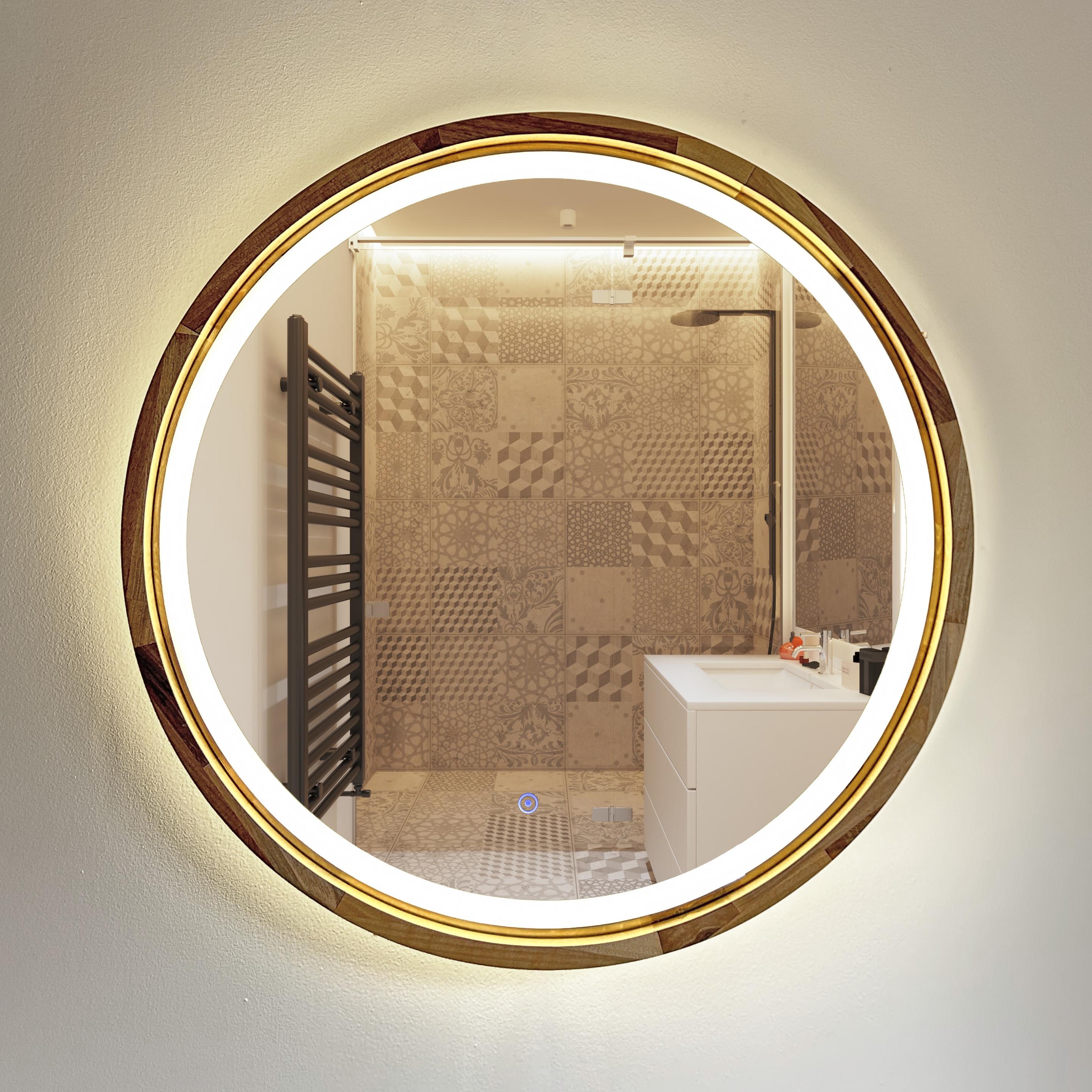 Handcrafted Wooden Round Mirror | Optional LED | Modern Home Decor, Custom Size