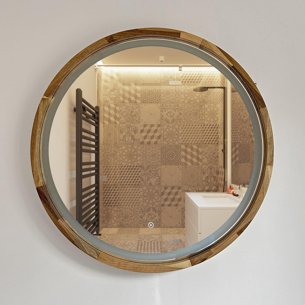 Handcrafted Wooden Round Mirror | Optional LED | Modern Home Decor, Custom Size
