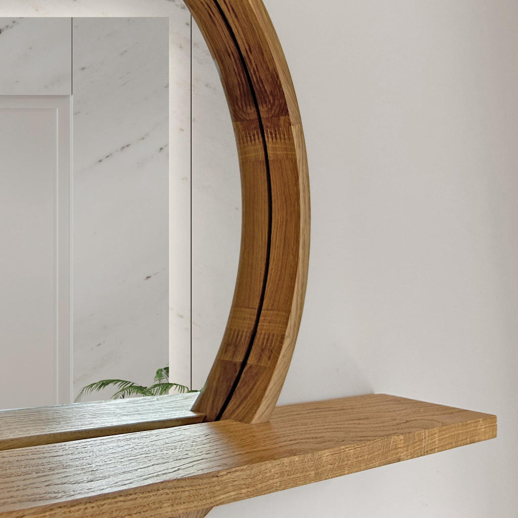 Modern Round Wood Wall Mirror with Shelf | Decorative Circle Entryway Mirror with Floating Ledge