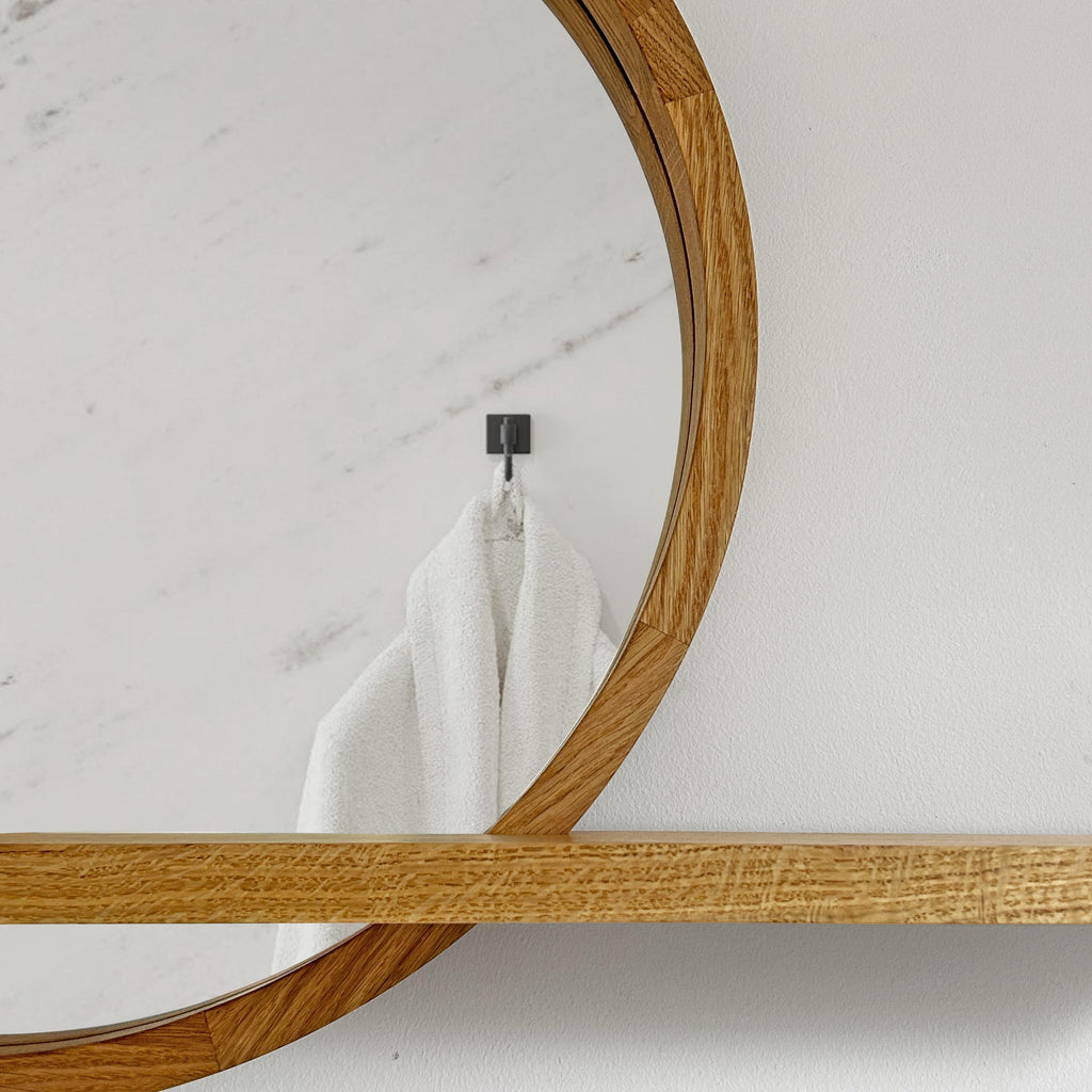 Modern Round Wood Wall Mirror with Shelf | Decorative Circle Entryway Mirror with Floating Ledge