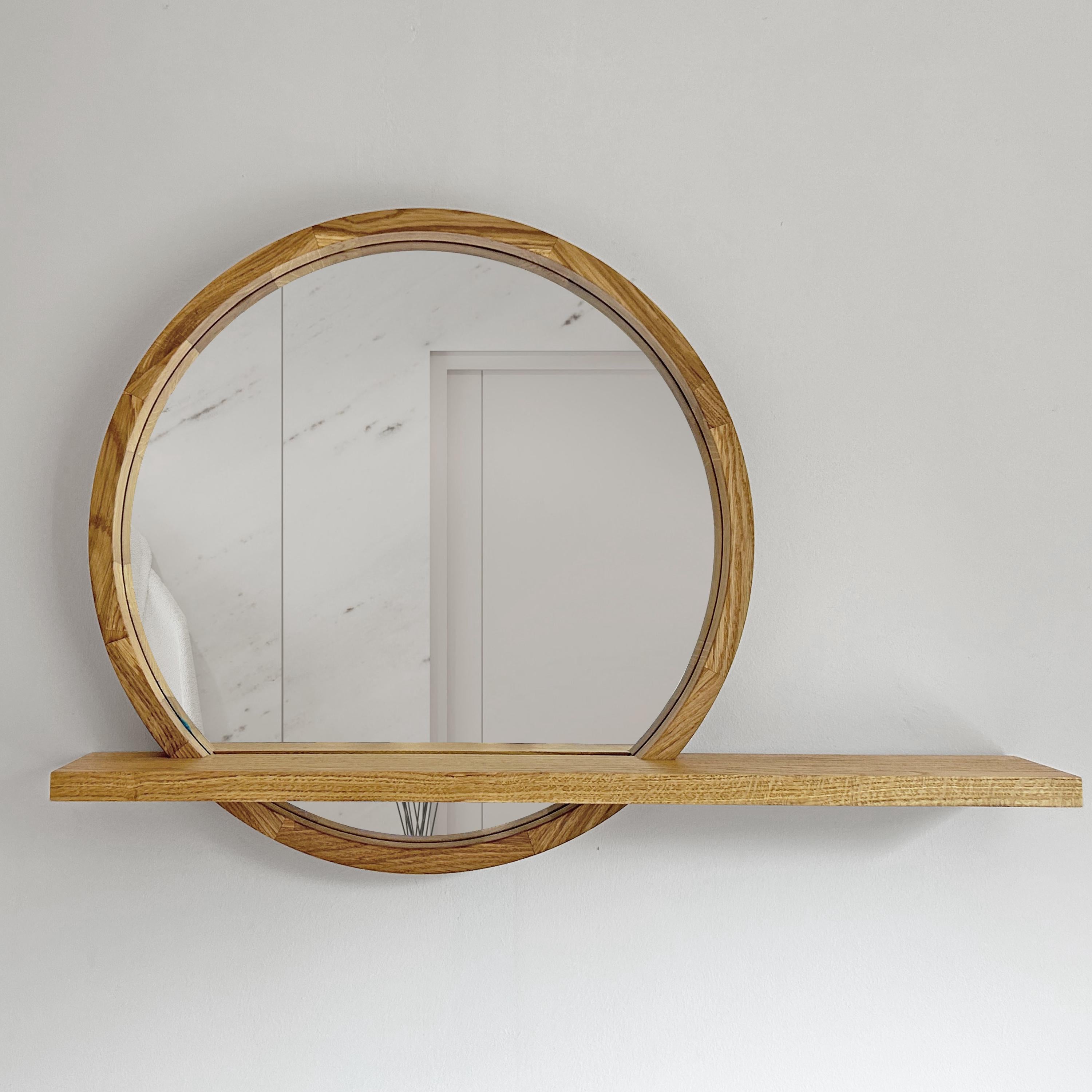 Modern Round Wood Wall Mirror with Shelf | Decorative Circle Entryway Mirror with Floating Ledge