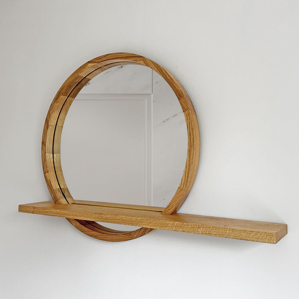 Modern Round Wood Wall Mirror with Shelf | Decorative Circle Entryway Mirror with Floating Ledge