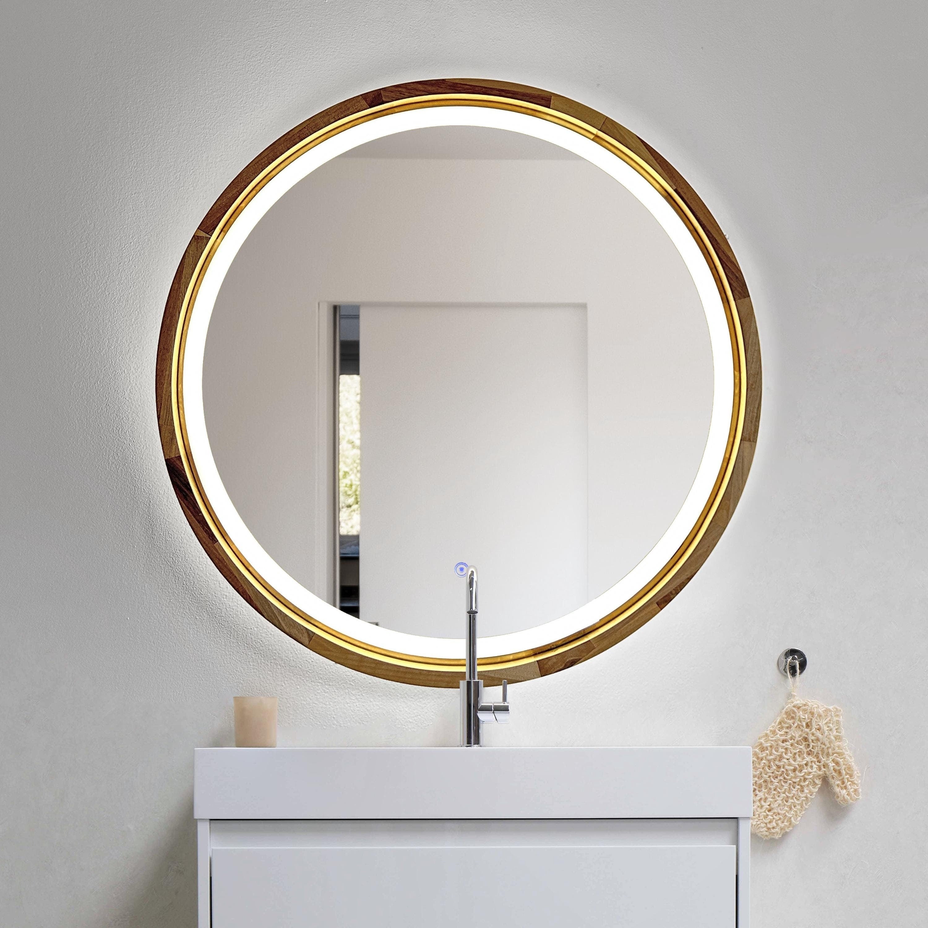 Handcrafted Wooden Round Mirror | Optional LED | Modern Home Decor, Custom Size