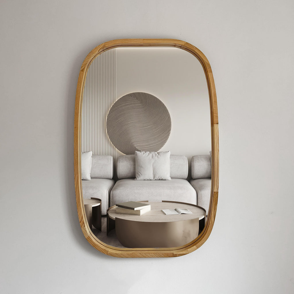 Rounded Rectangle Wood Wall Mirror – Solid Walnut, Oak or Ash | Custom Size, Bathroom-Safe Finish