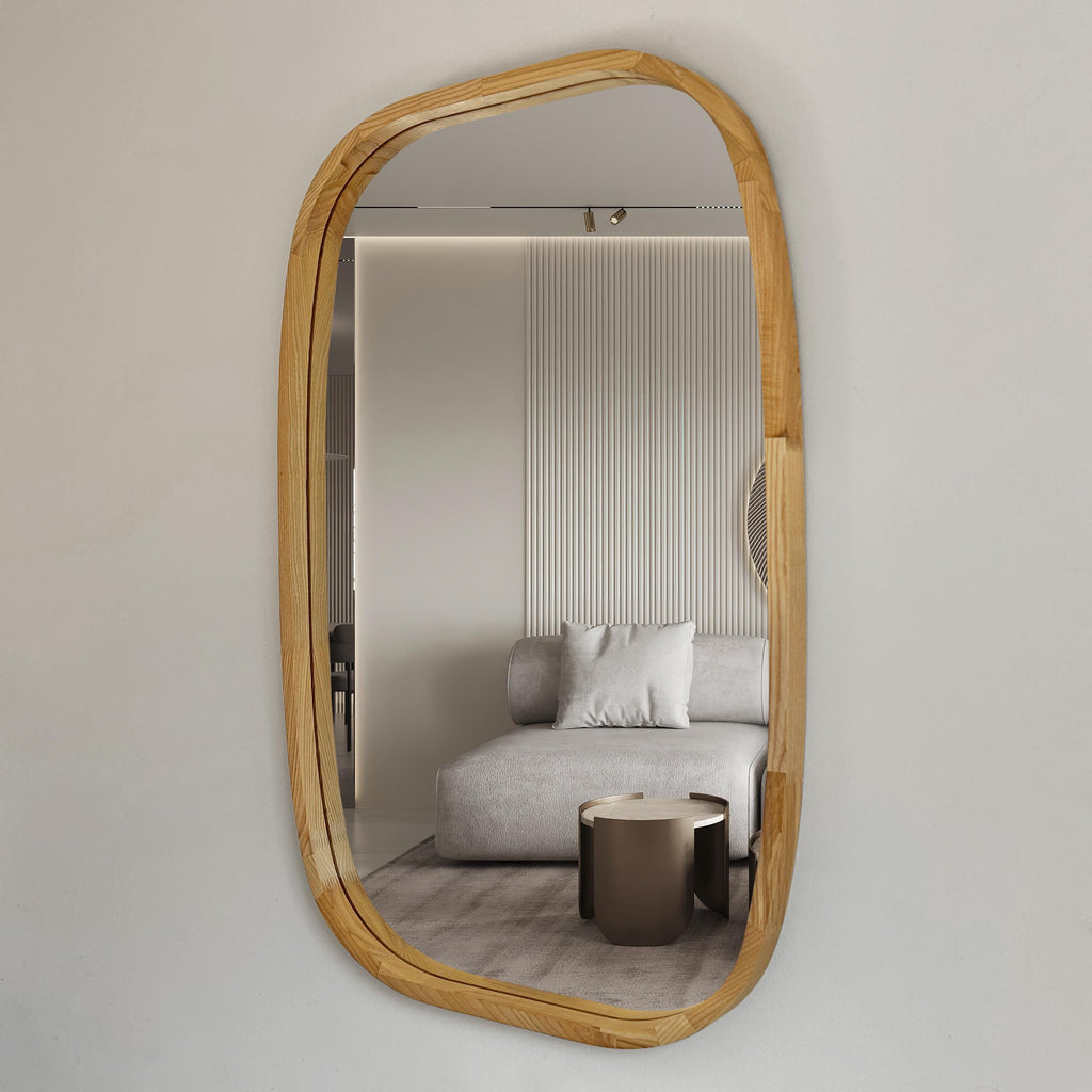 Rounded Rectangle Wood Wall Mirror – Solid Walnut, Oak or Ash | Custom Size, Bathroom-Safe Finish