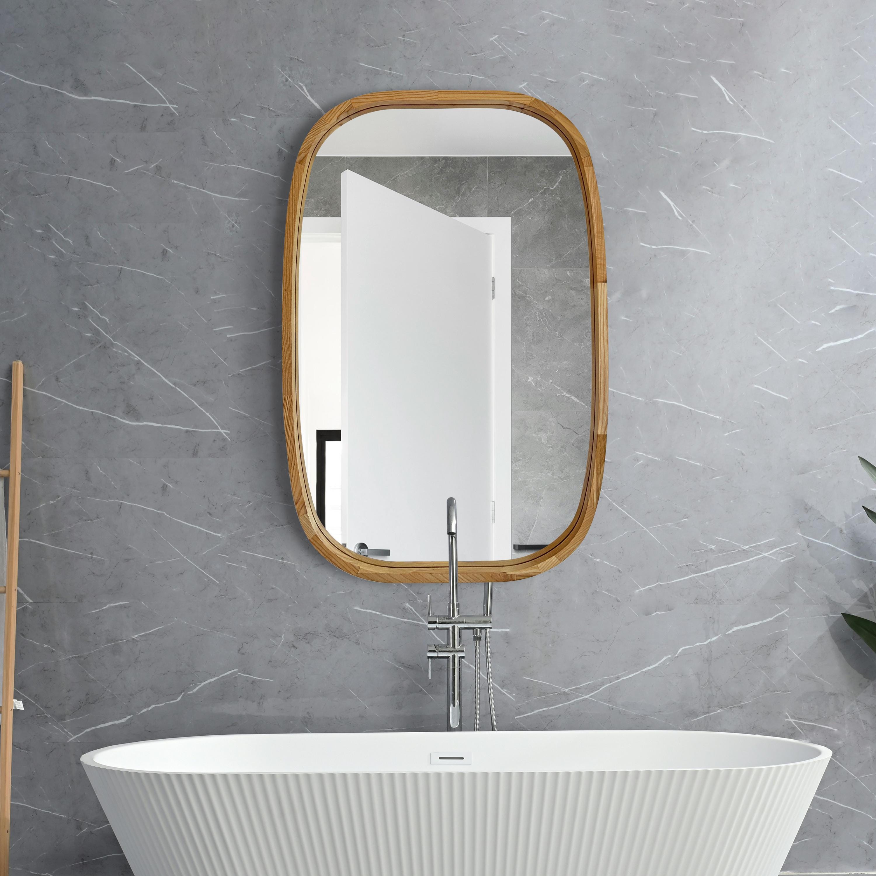Rounded Rectangle Wood Wall Mirror – Solid Walnut, Oak or Ash | Custom Size, Bathroom-Safe Finish