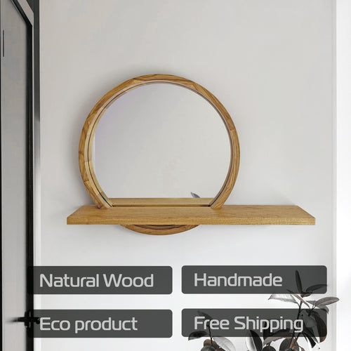 Modern Round Wood Wall Mirror with Shelf | Decorative Circle Entryway Mirror with Floating Ledge