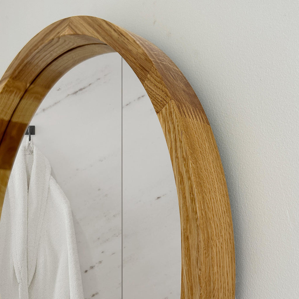 Modern Round Wood Wall Mirror with Shelf | Decorative Circle Entryway Mirror with Floating Ledge