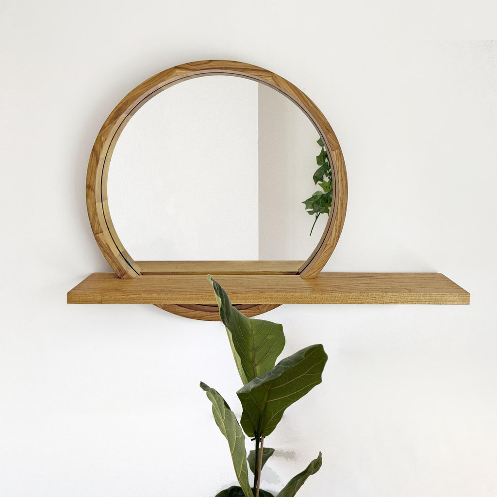 Modern Round Wood Wall Mirror with Shelf | Decorative Circle Entryway Mirror with Floating Ledge