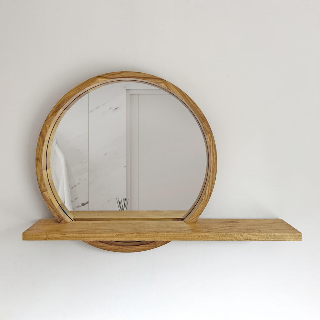 Modern Round Wood Wall Mirror with Shelf | Decorative Circle Entryway Mirror with Floating Ledge