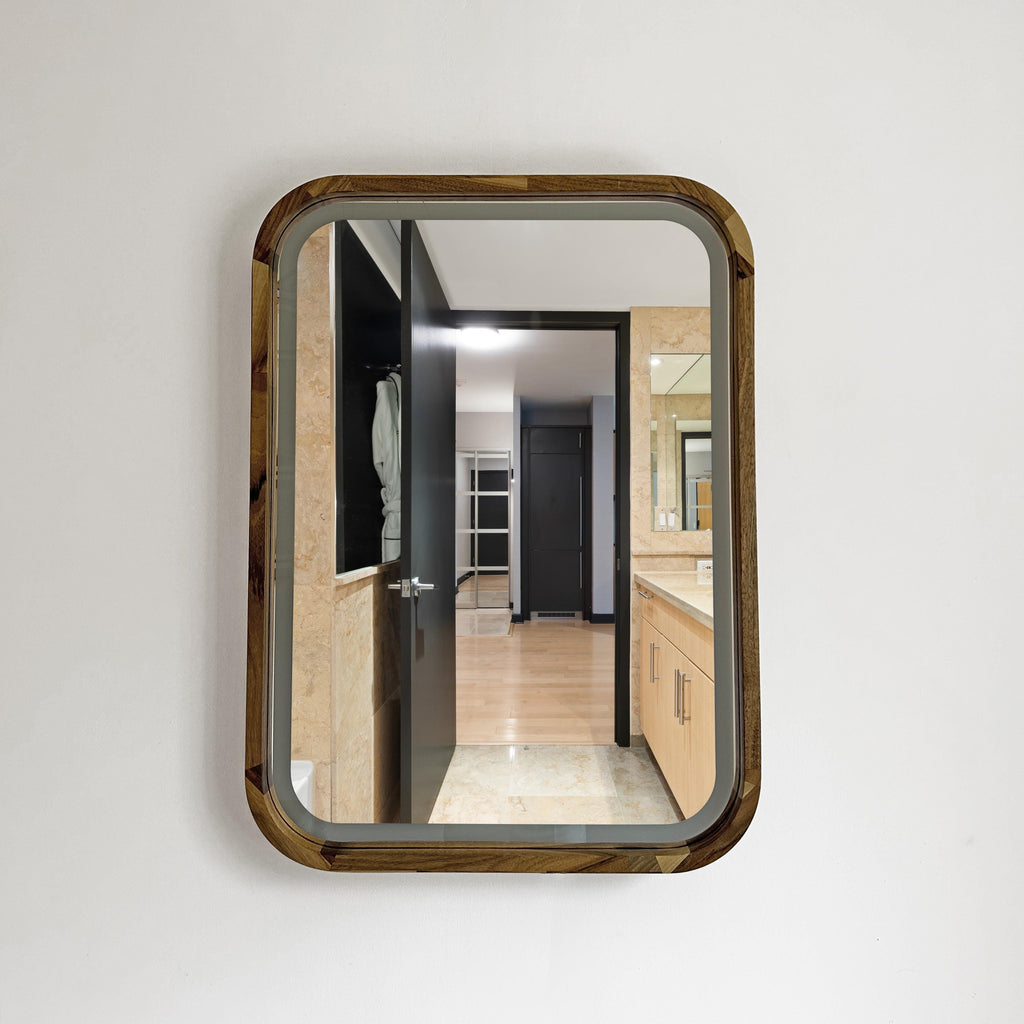 Square wood frame mirror with the LED light switched off