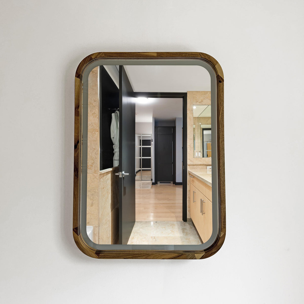 Square wood frame mirror with the LED light switched off