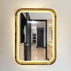 Square LED bathroom mirror with a wood frame, light on