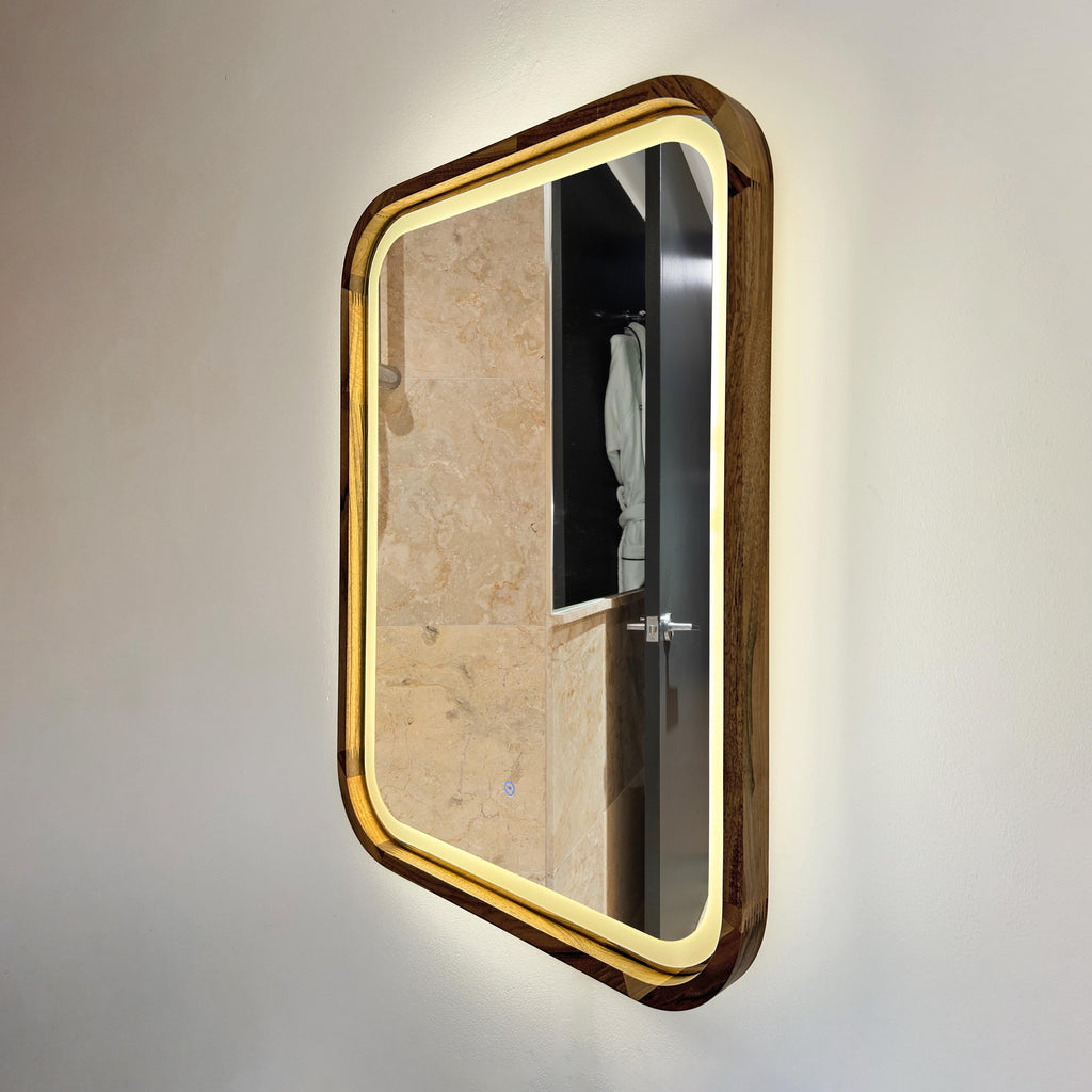 Side view of the square LED mirror and solid wood frame