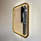 Side view of the square LED mirror and solid wood frame