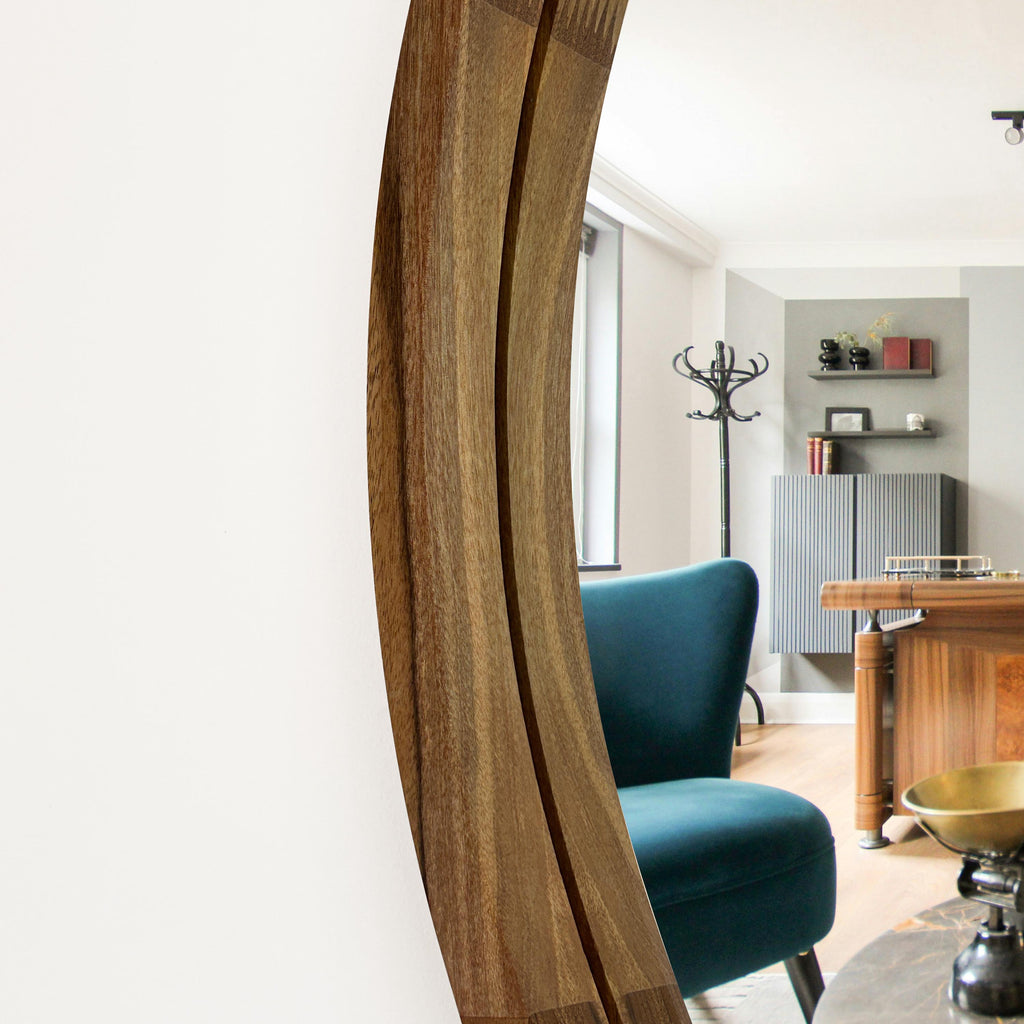 Round Wooden Wall Mirror – Handmade Walnut, Oak or Ash Frame | Custom Diameter Mid-Century Modern Wall Decor