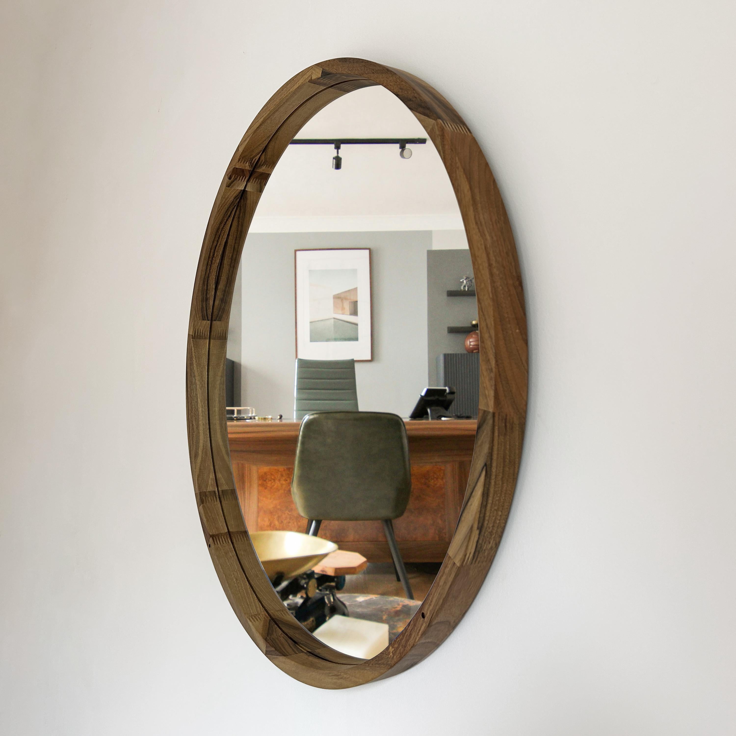 Round Wooden Wall Mirror – Handmade Walnut, Oak or Ash Frame | Custom Diameter Mid-Century Modern Wall Decor