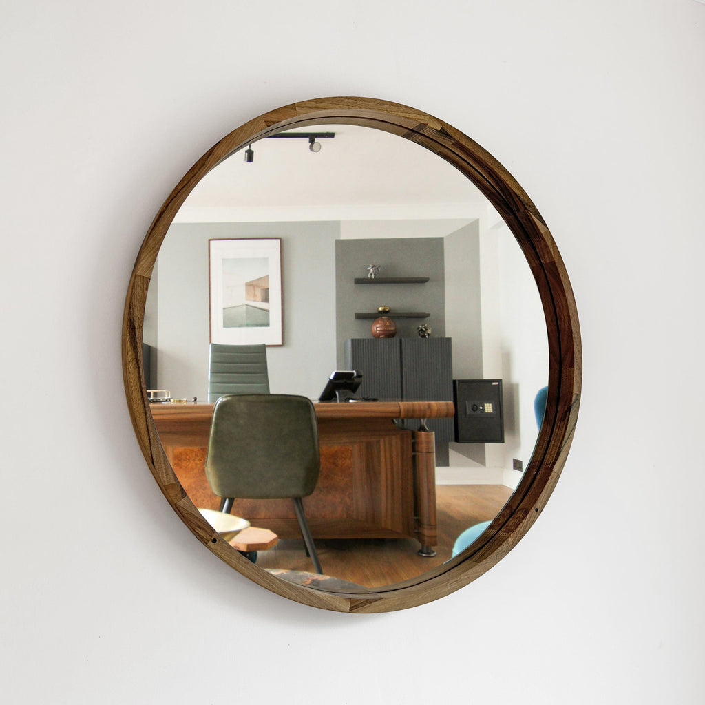 Round Wooden Wall Mirror – Handmade Walnut, Oak or Ash Frame | Custom Diameter Mid-Century Modern Wall Decor