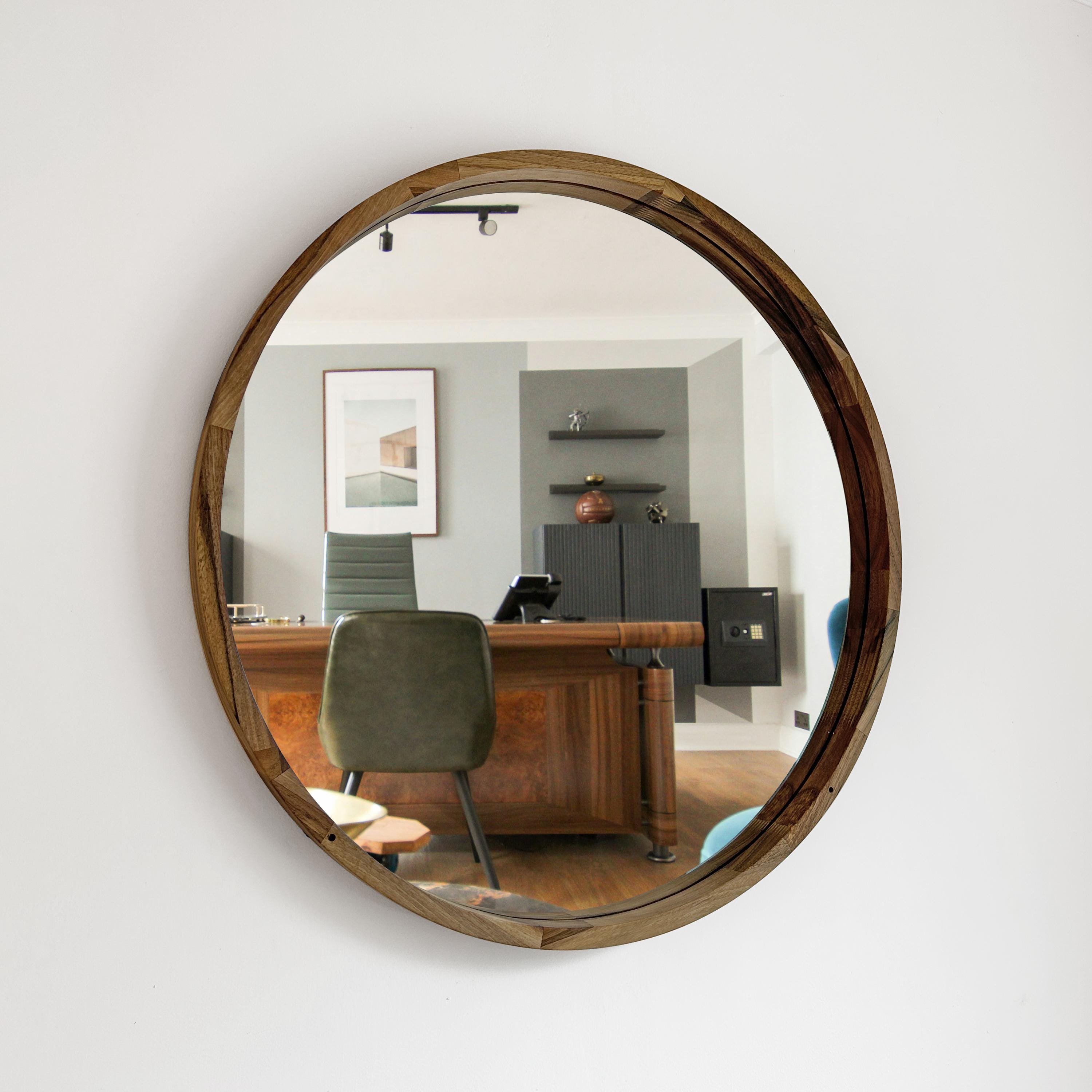 Round Wooden Wall Mirror – Handmade Walnut, Oak or Ash Frame | Custom Diameter Mid-Century Modern Wall Decor