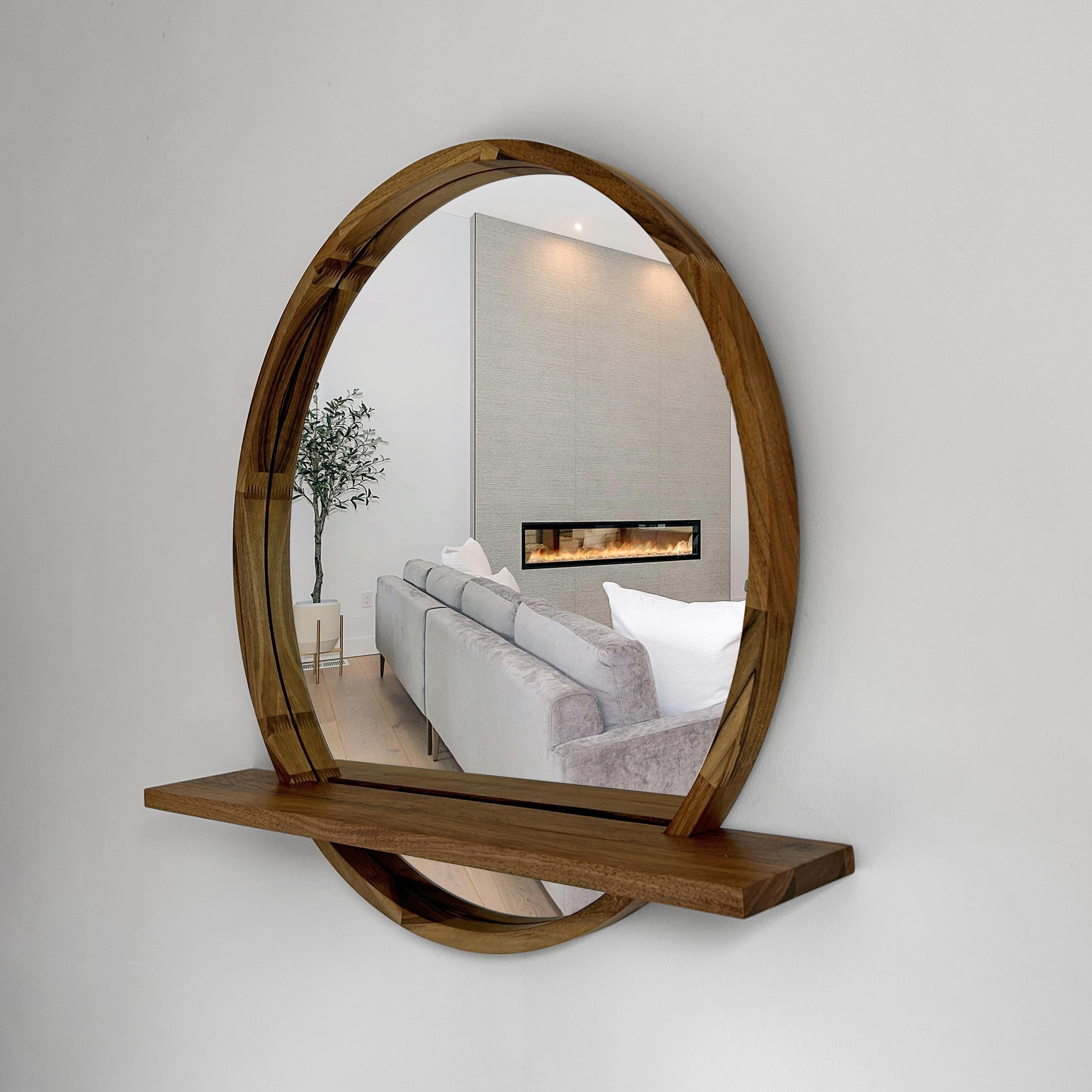 Handmade Wood Mirror with Shelf | Rustic Farmhouse Bathroom Vanity Decor | Round Frame, Custom Size