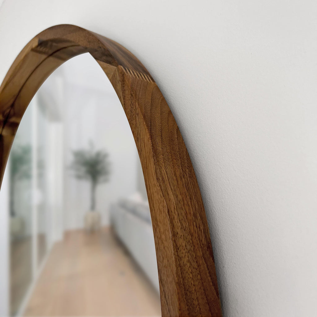 Handmade Wood Mirror with Shelf | Rustic Farmhouse Bathroom Vanity Decor | Round Frame, Custom Size