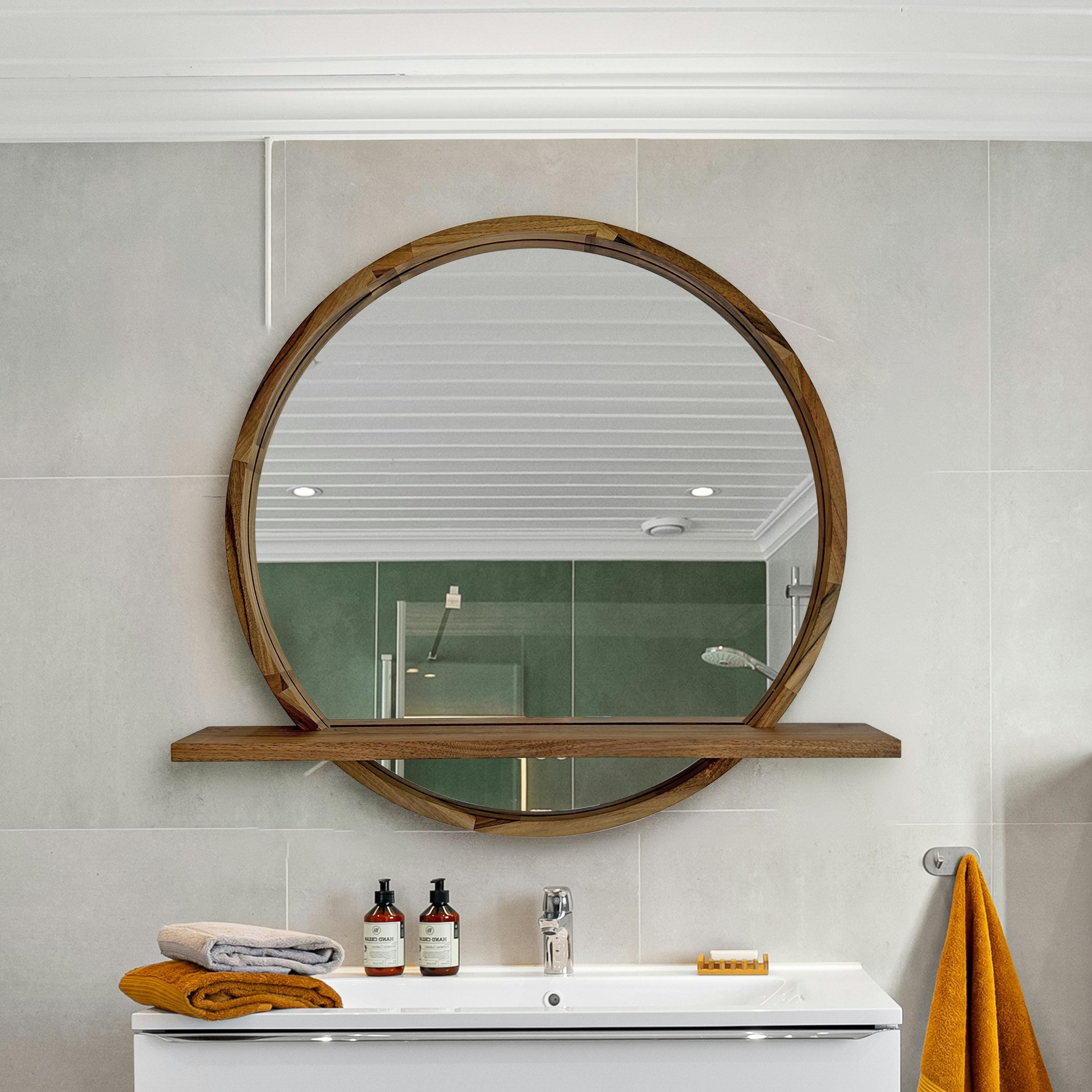 Handmade Wood Mirror with Shelf | Rustic Farmhouse Bathroom Vanity Decor | Round Frame, Custom Size