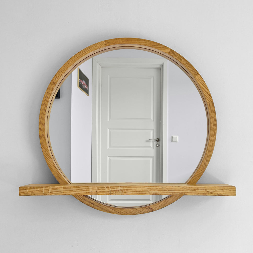 Handmade round wood wall mirror with a built-in shelf