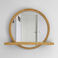 Handmade round wood wall mirror with a built-in shelf