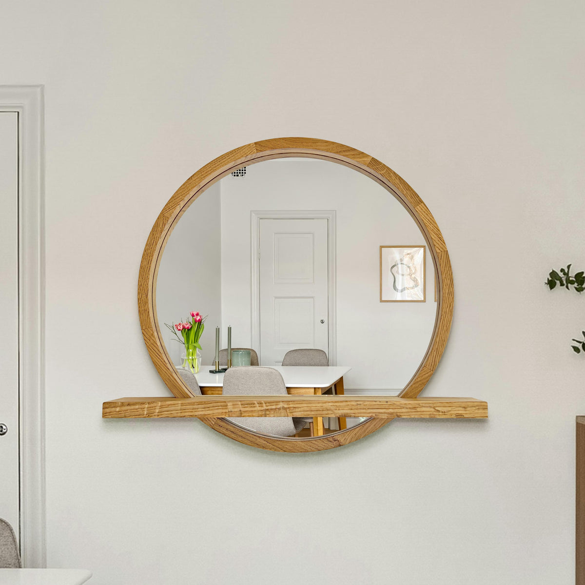 Wood mirror with shelf above a hallway console