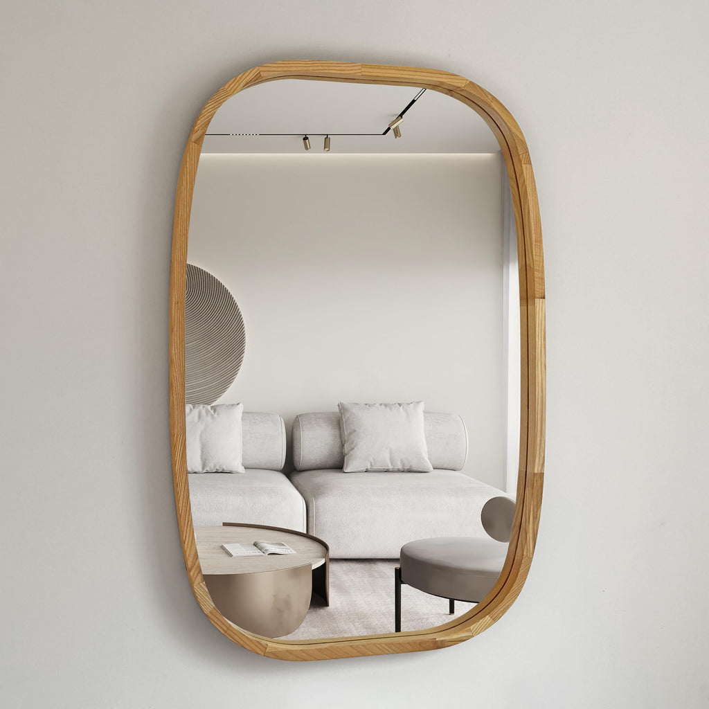 Rounded Rectangle Wood Wall Mirror – Solid Walnut, Oak or Ash | Custom Size, Bathroom-Safe Finish