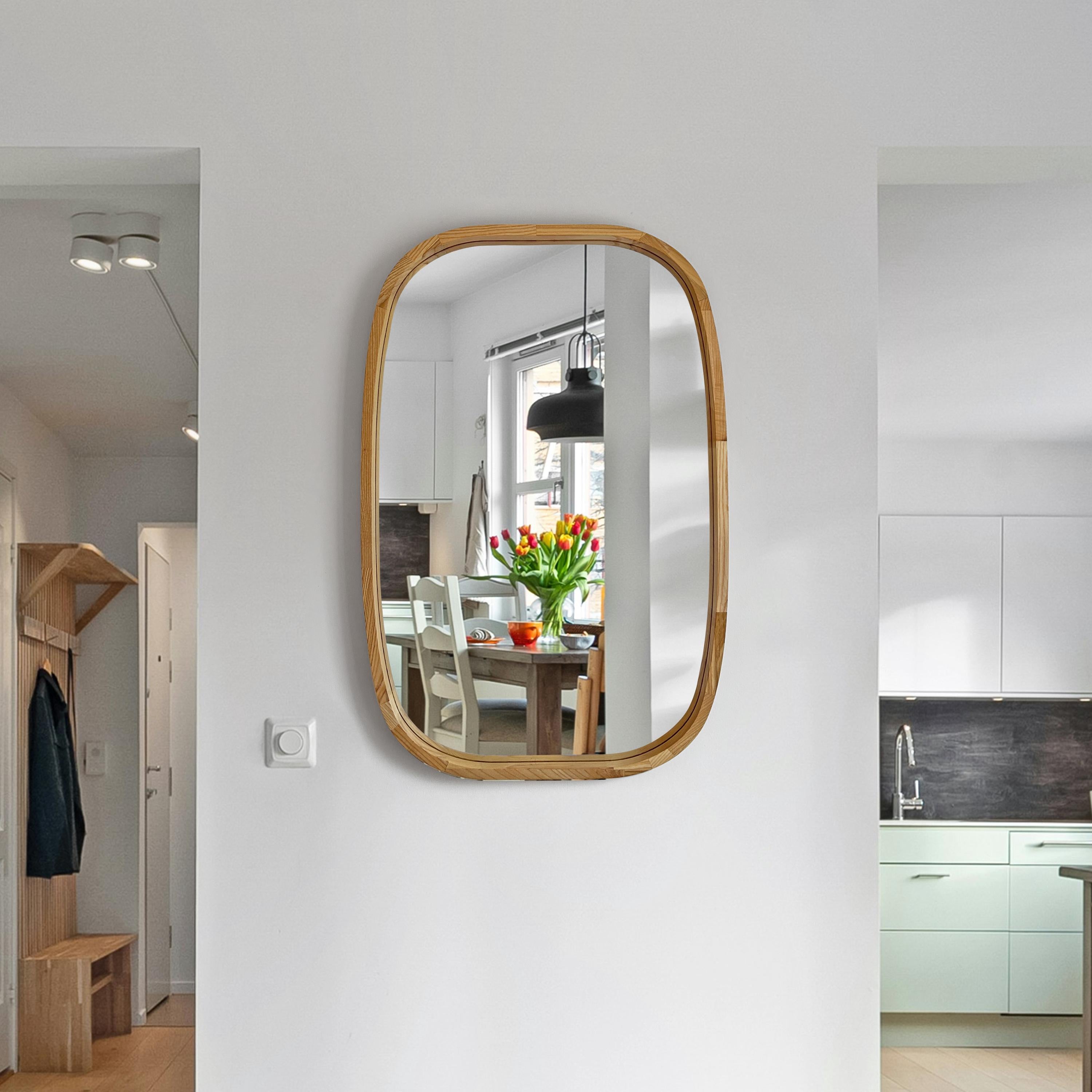 Rounded Rectangle Wood Wall Mirror – Solid Walnut, Oak or Ash | Custom Size, Bathroom-Safe Finish