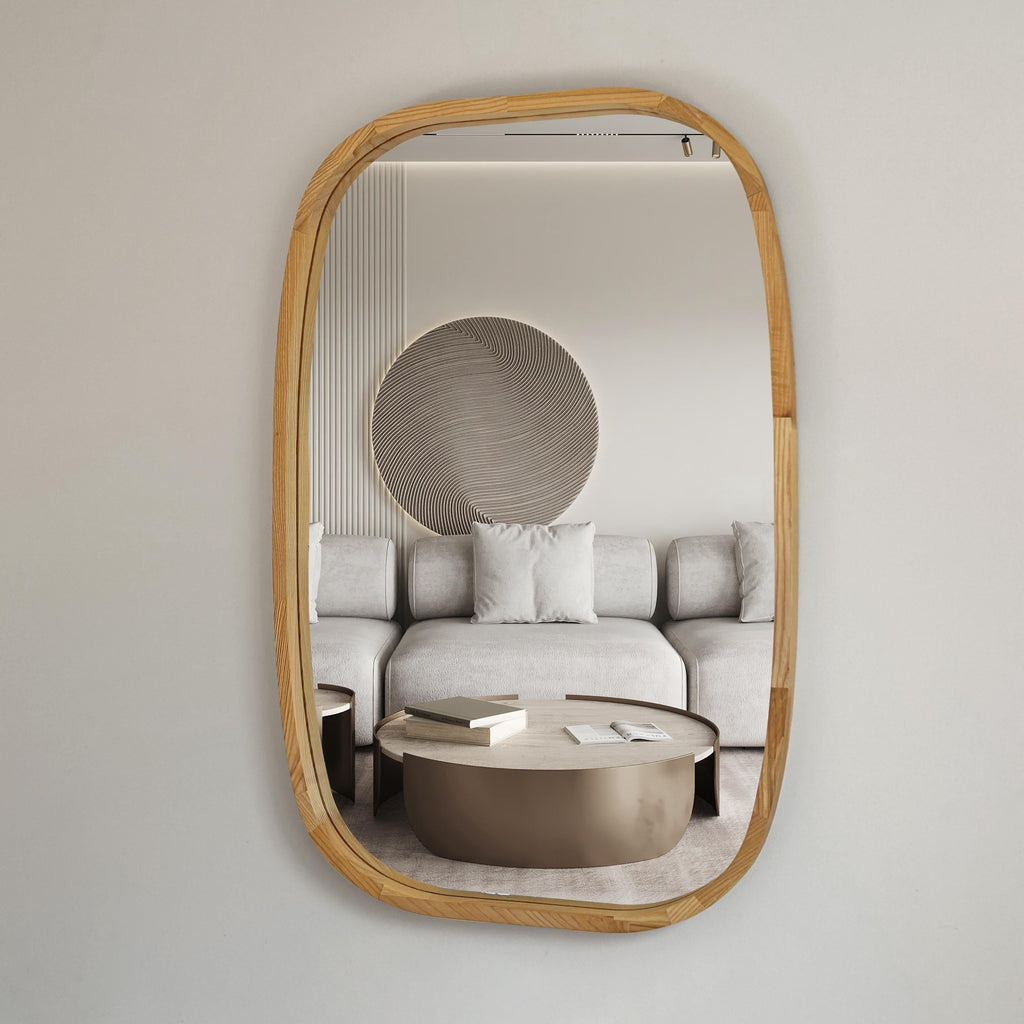 Rounded Rectangle Wood Wall Mirror – Solid Walnut, Oak or Ash | Custom Size, Bathroom-Safe Finish