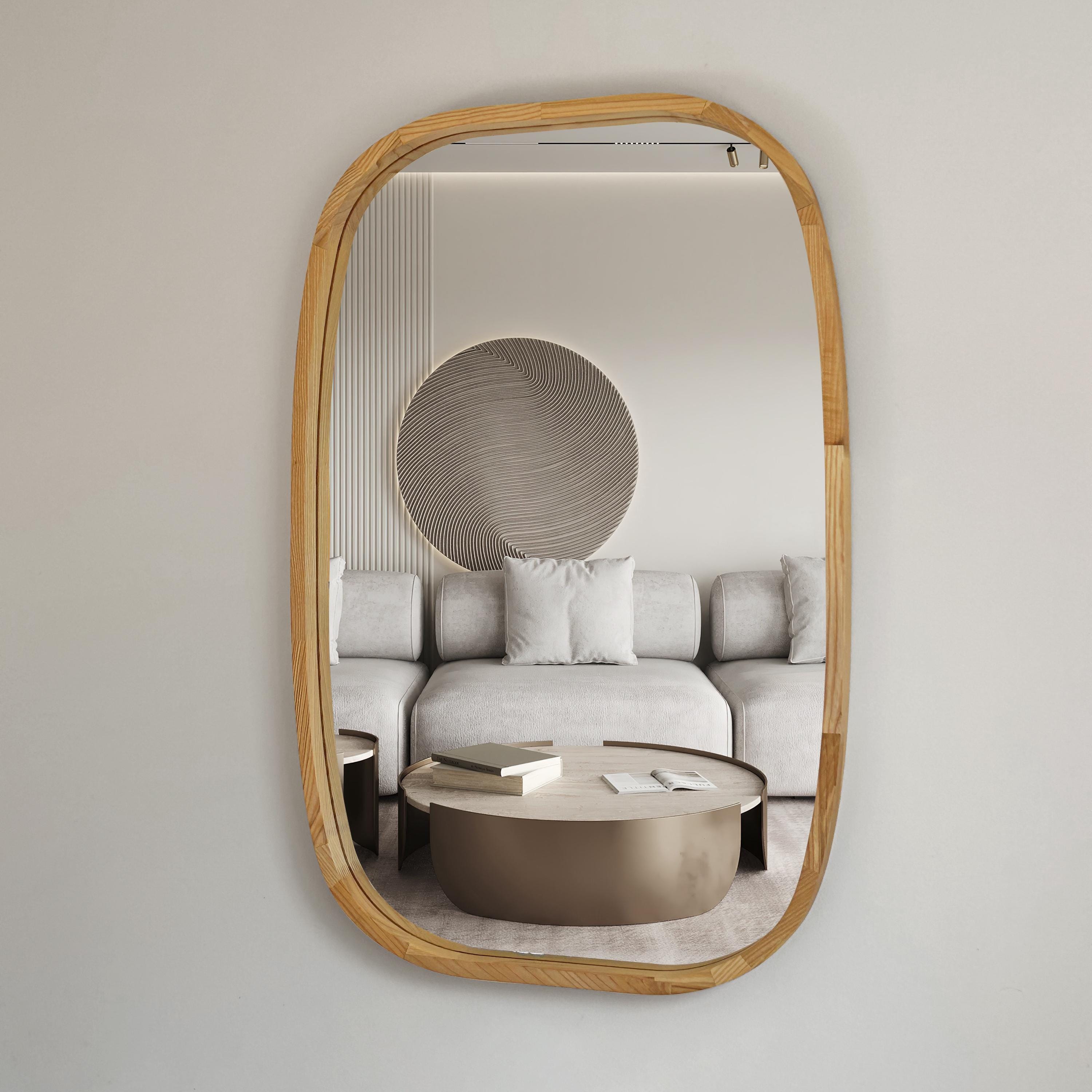Rounded Rectangle Wood Wall Mirror – Solid Walnut, Oak or Ash | Custom Size, Bathroom-Safe Finish