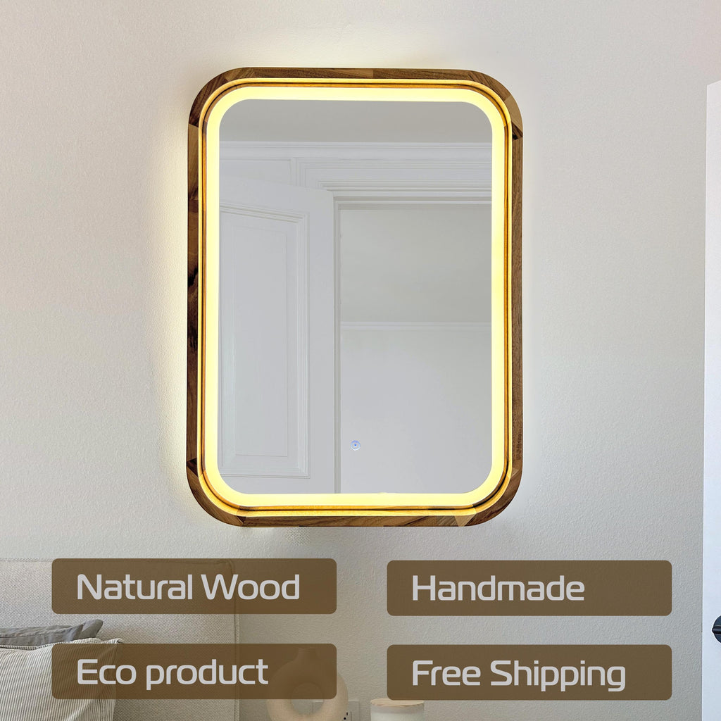 Square LED mirror with handmade natural wood frame and free shipping
