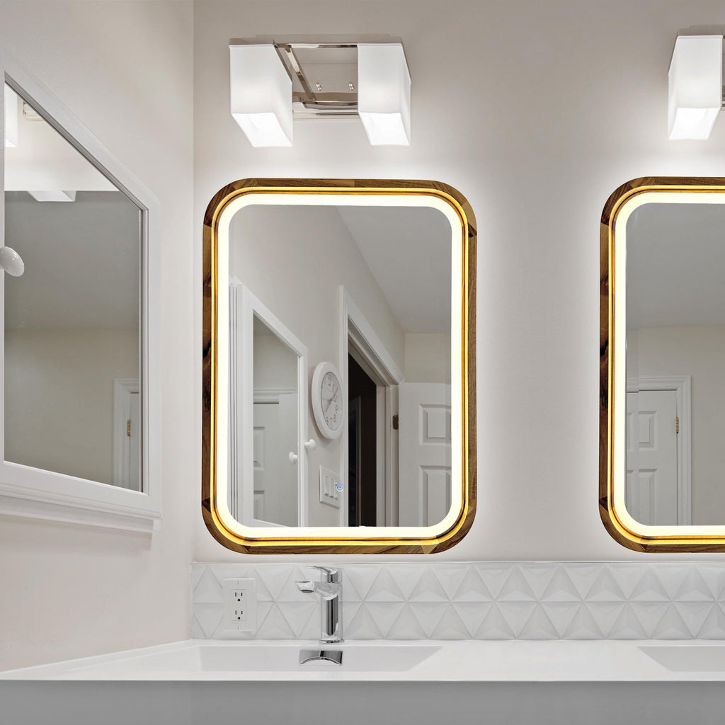 Square LED wood mirrors in a modern bathroom