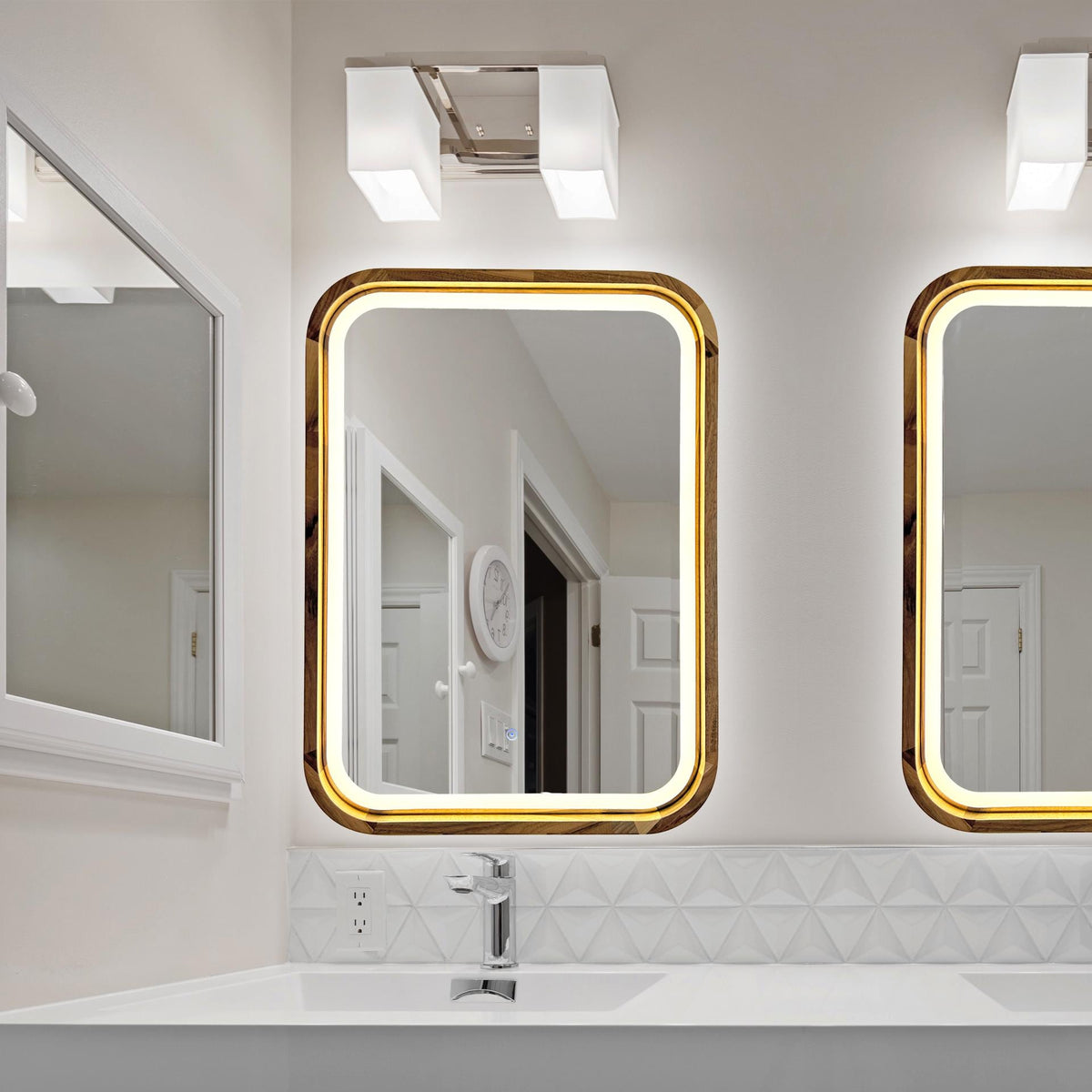 Square LED wood mirrors in a modern bathroom