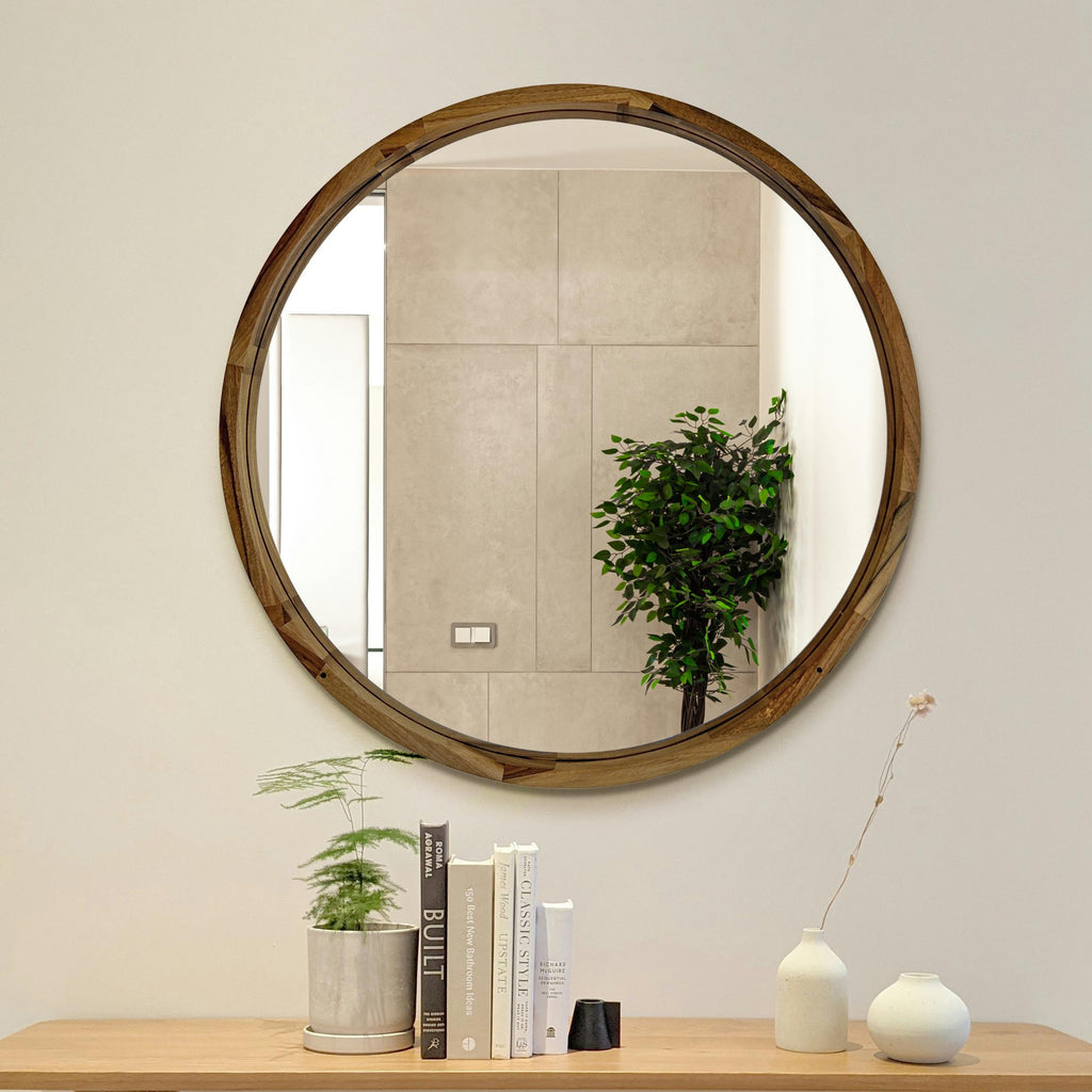 Round Wooden Wall Mirror – Handmade Walnut, Oak or Ash Frame | Custom Diameter Mid-Century Modern Wall Decor