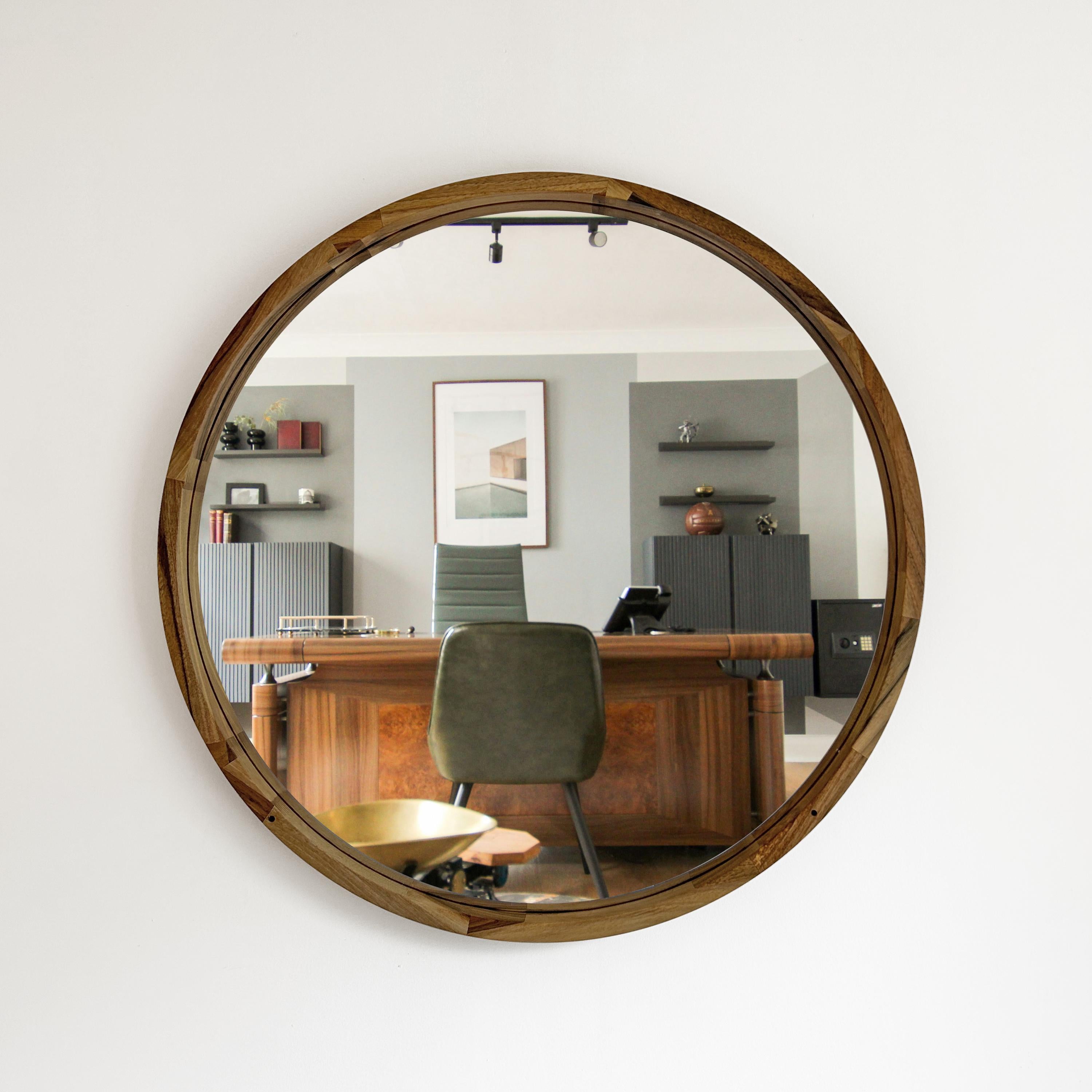 Round Wooden Wall Mirror – Handmade Walnut, Oak or Ash Frame | Custom Diameter Mid-Century Modern Wall Decor