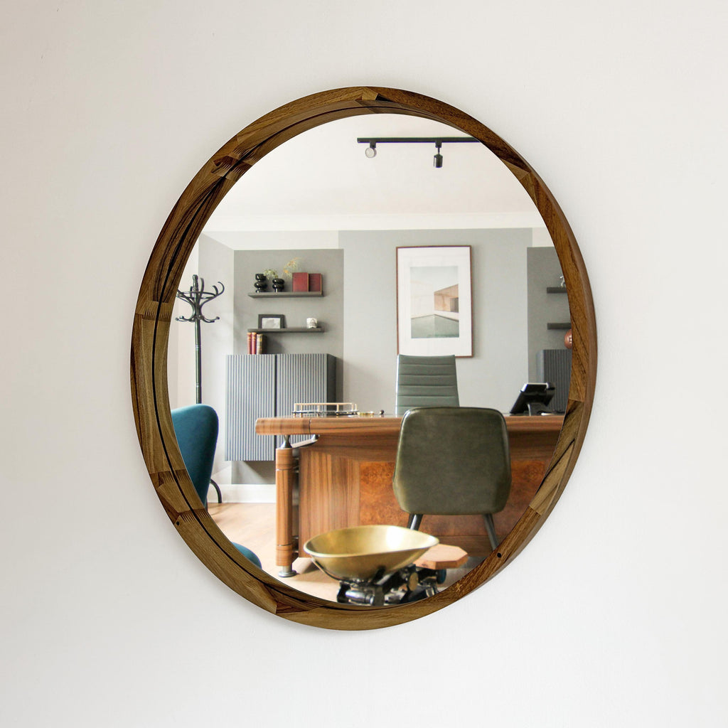 Round Wooden Wall Mirror – Handmade Walnut, Oak or Ash Frame | Custom Diameter Mid-Century Modern Wall Decor