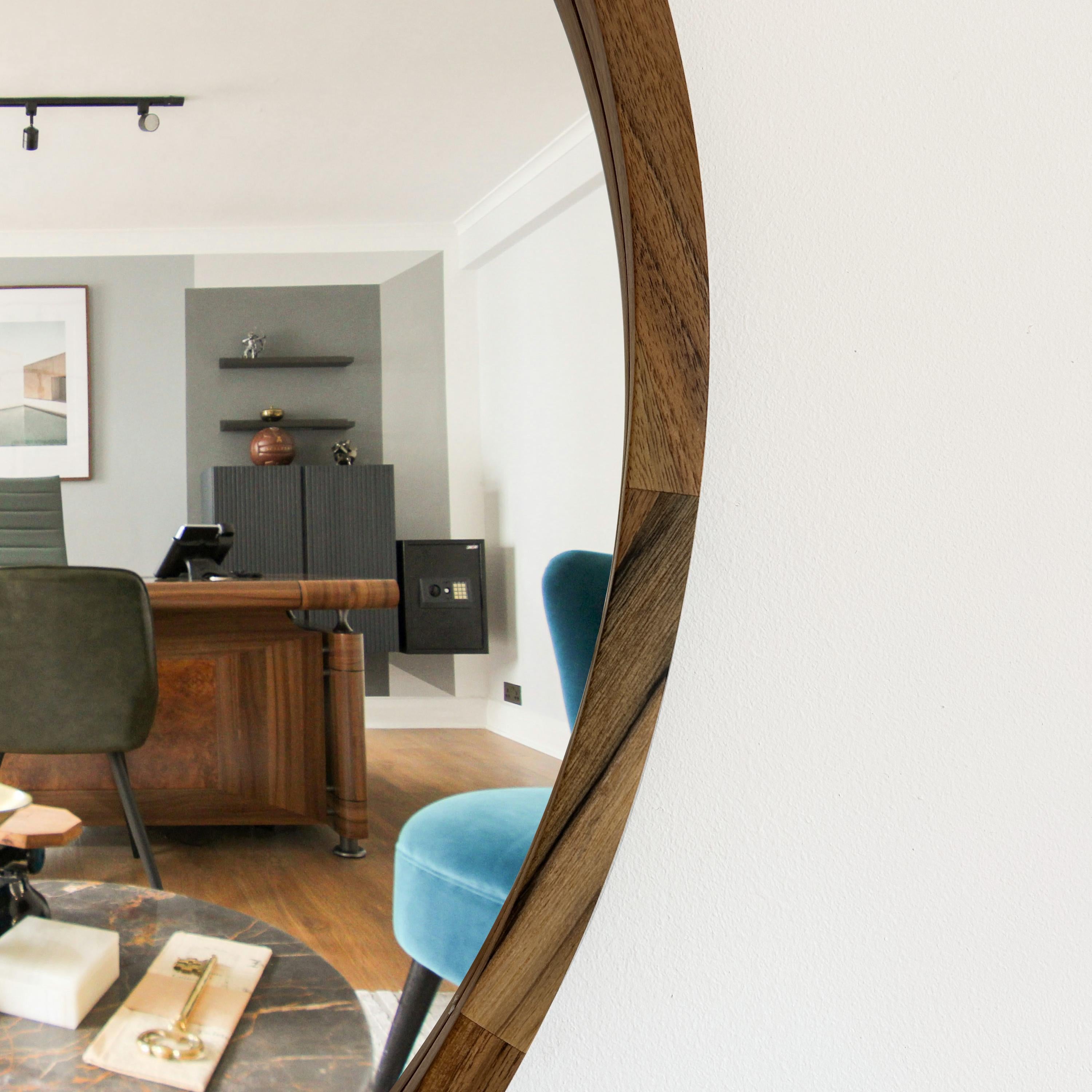 Round Wooden Wall Mirror – Handmade Walnut, Oak or Ash Frame | Custom Diameter Mid-Century Modern Wall Decor
