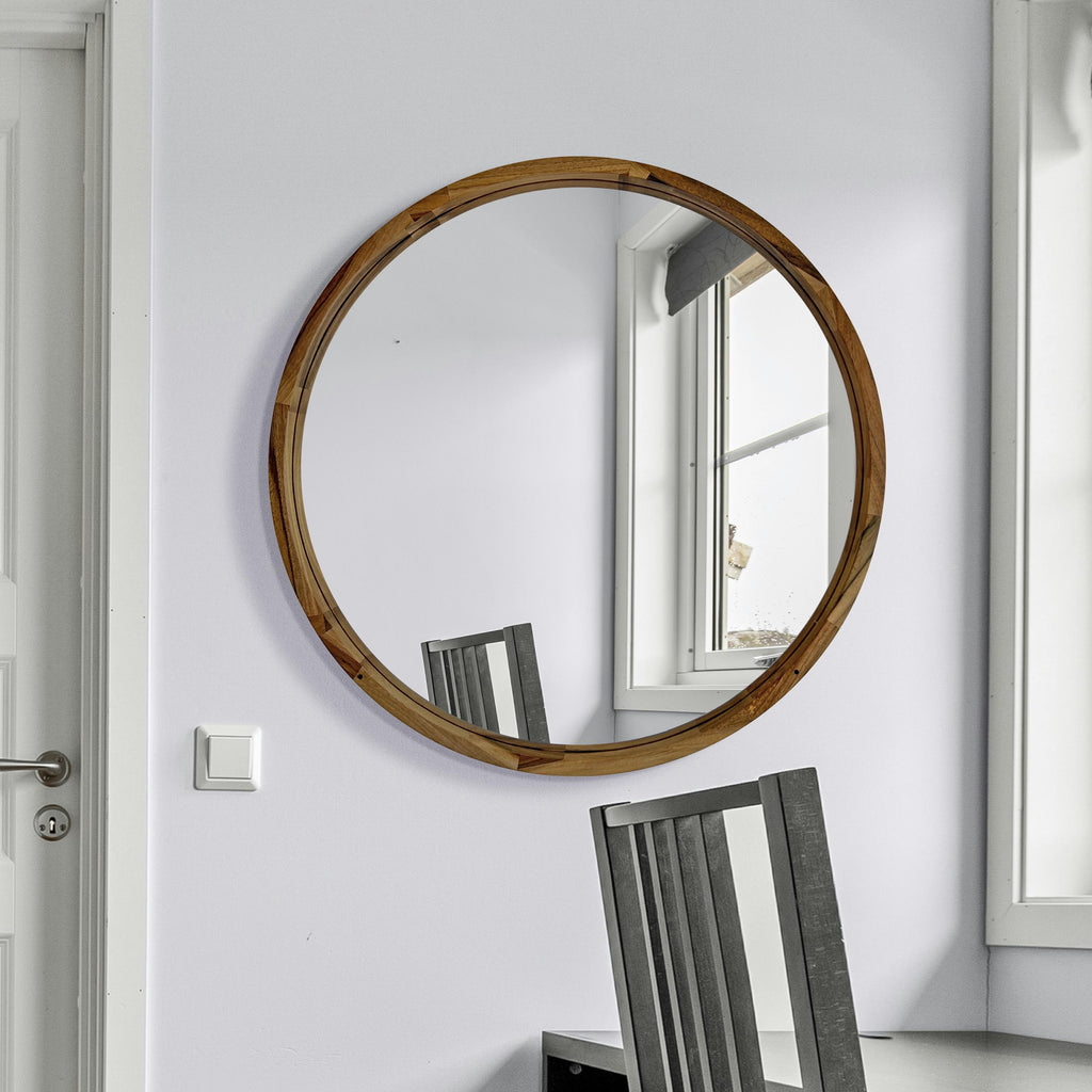 Round Wooden Wall Mirror – Handmade Walnut, Oak or Ash Frame | Custom Diameter Mid-Century Modern Wall Decor