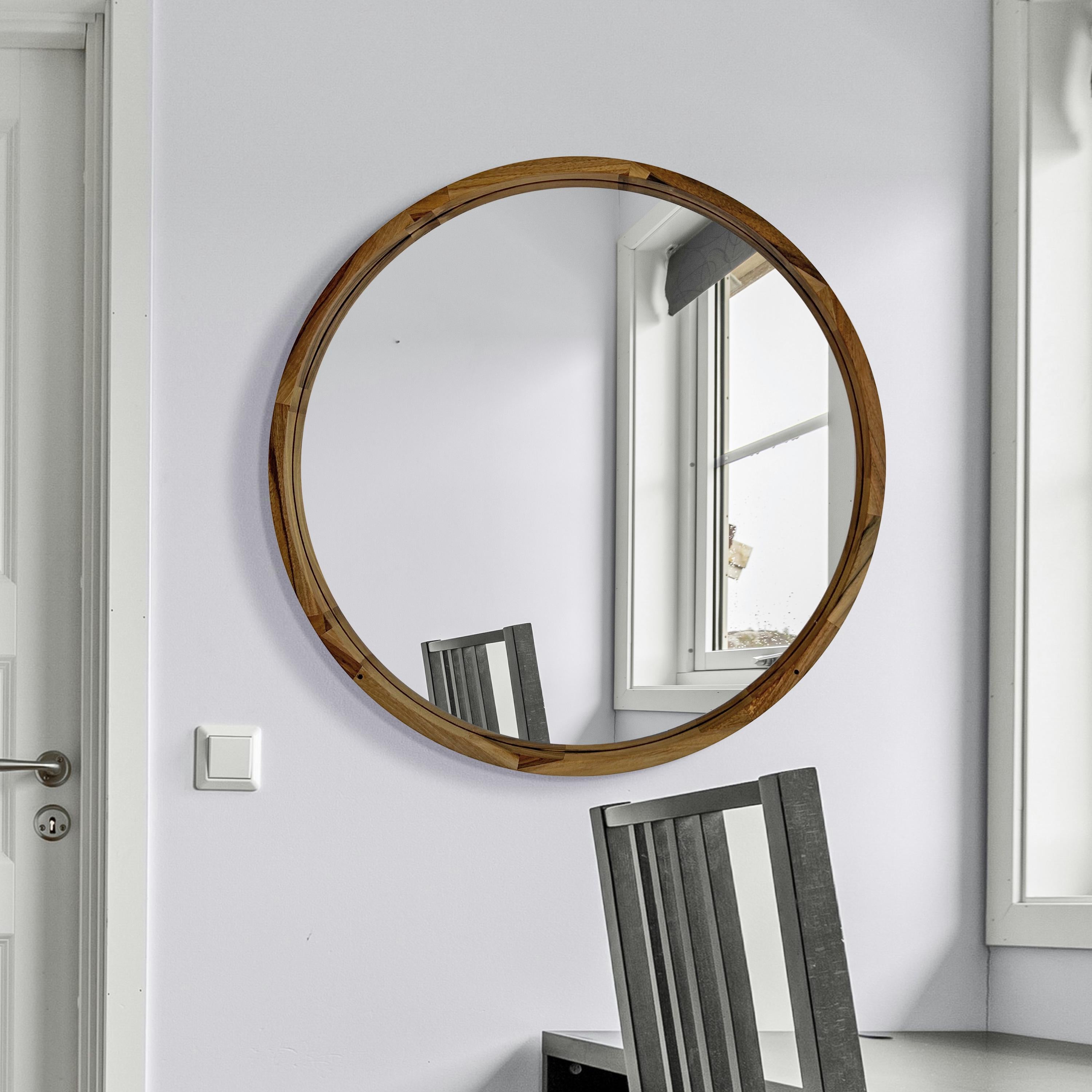 Round Wooden Wall Mirror – Handmade Walnut, Oak or Ash Frame | Custom Diameter Mid-Century Modern Wall Decor