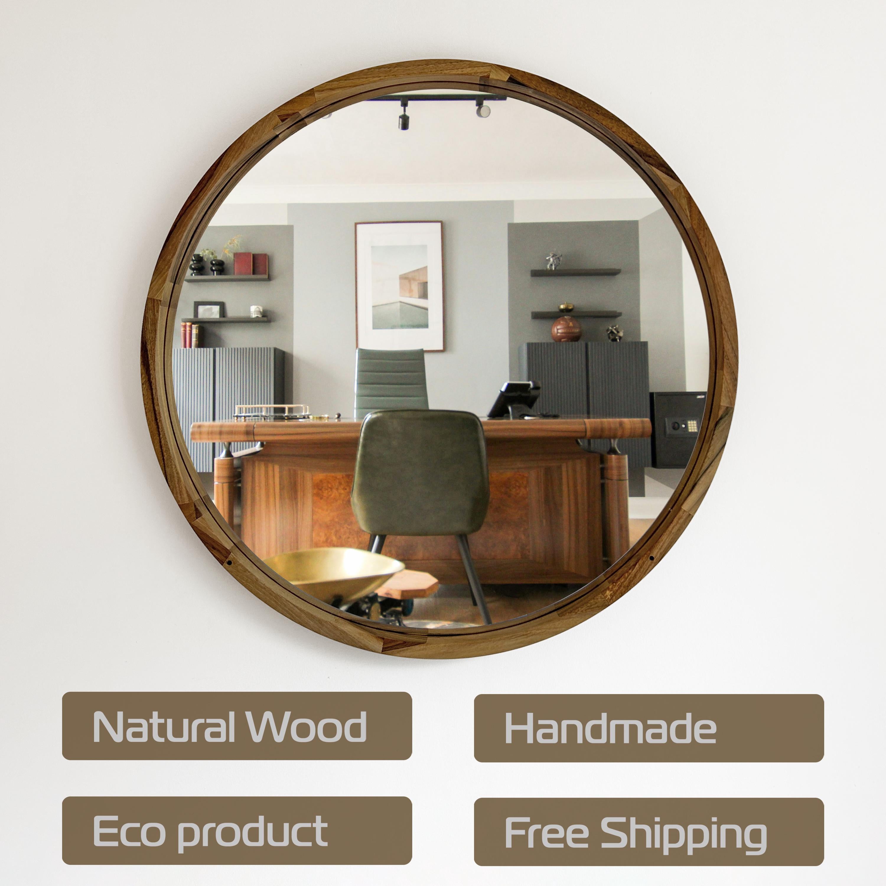Round Wooden Wall Mirror – Handmade Walnut, Oak or Ash Frame | Custom Diameter Mid-Century Modern Wall Decor