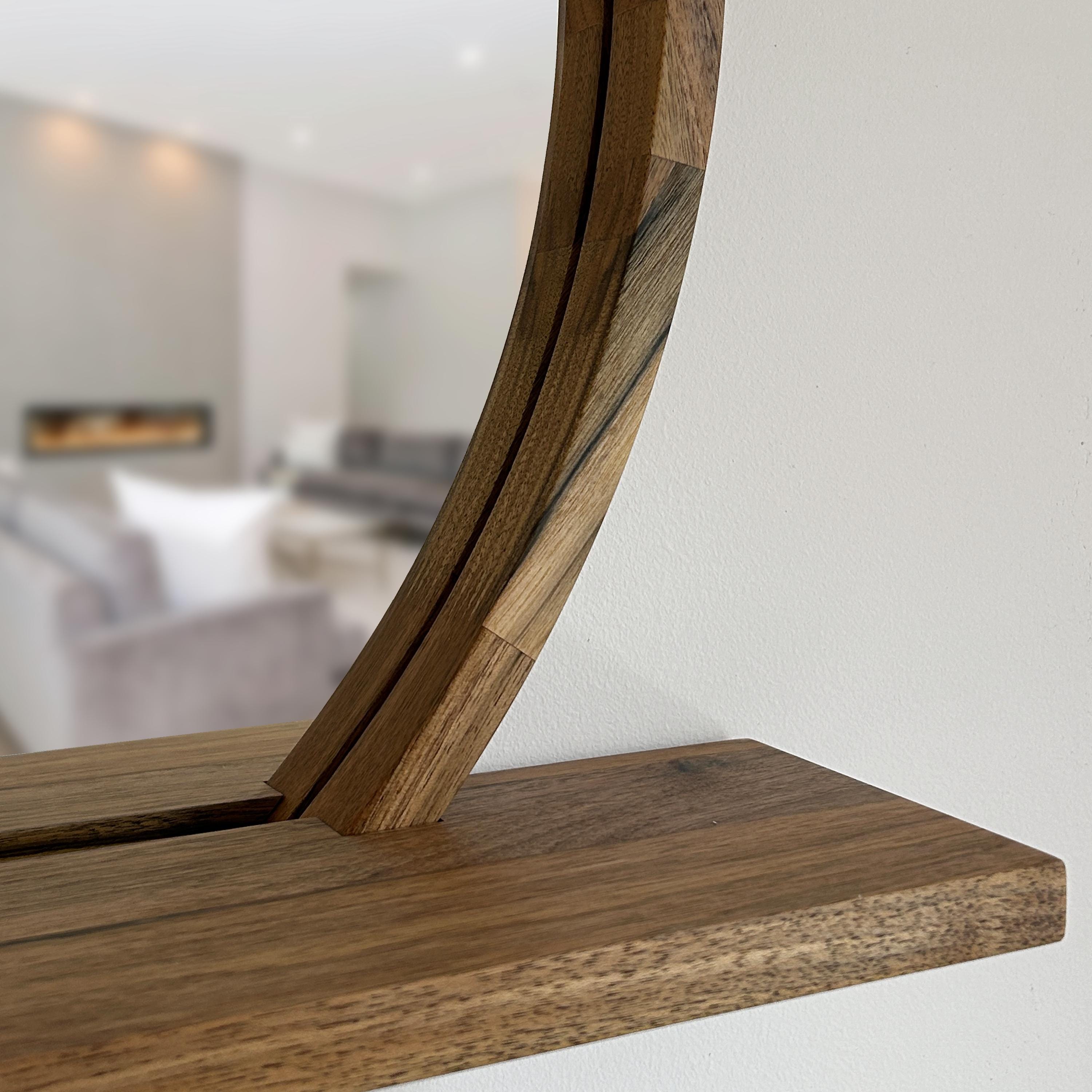 Handmade Wood Mirror with Shelf | Rustic Farmhouse Bathroom Vanity Decor | Round Frame, Custom Size