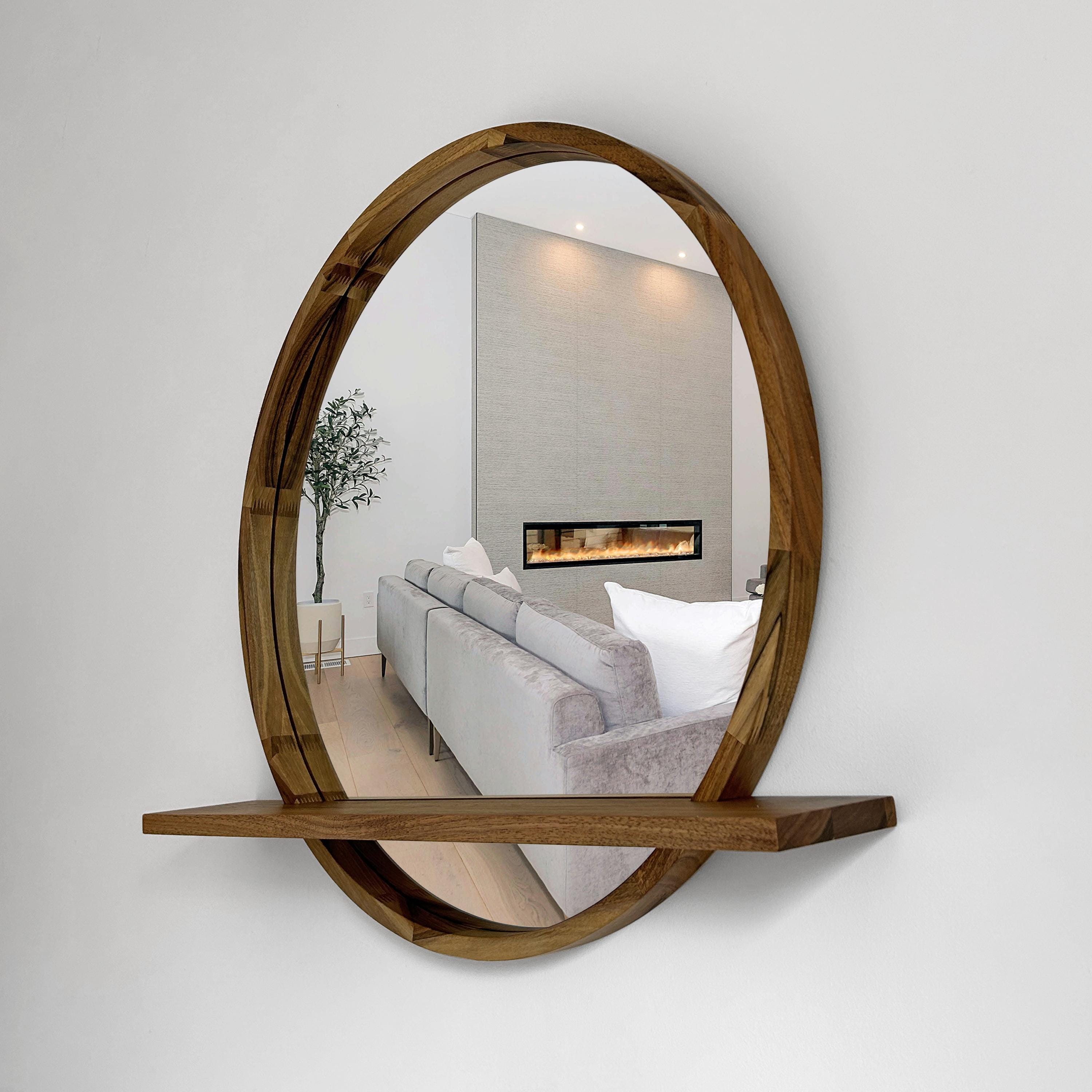 Handmade Wood Mirror with Shelf | Rustic Farmhouse Bathroom Vanity Decor | Round Frame, Custom Size
