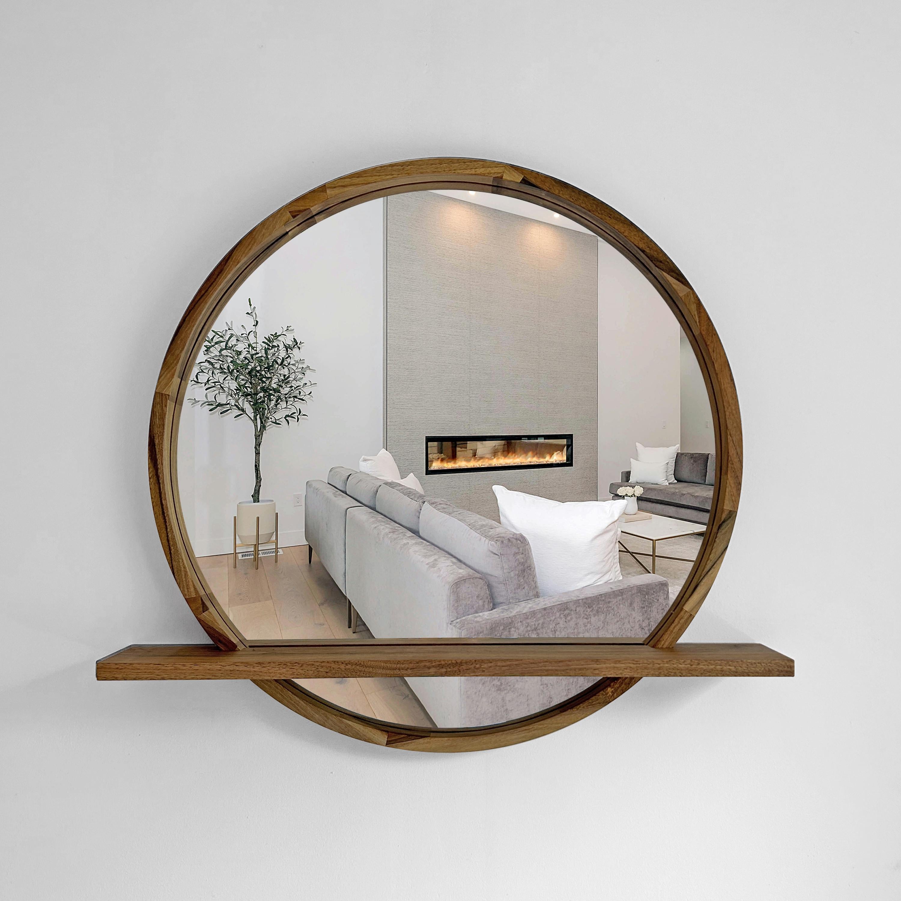 Handmade Wood Mirror with Shelf | Rustic Farmhouse Bathroom Vanity Decor | Round Frame, Custom Size