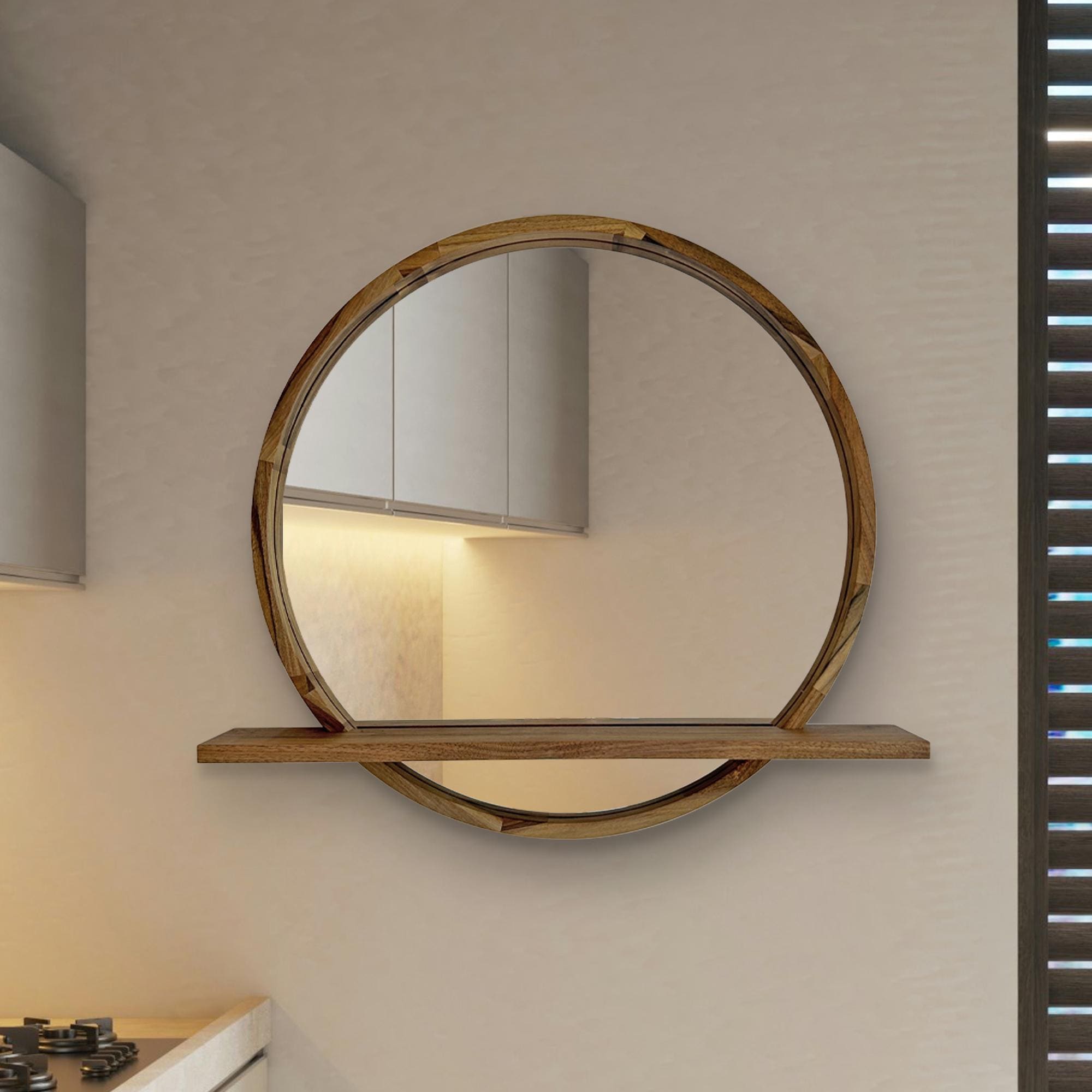 Handmade Wood Mirror with Shelf | Rustic Farmhouse Bathroom Vanity Decor | Round Frame, Custom Size