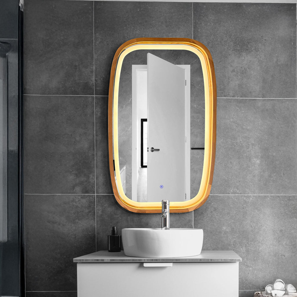 Rounded rectangle LED wood mirror on a concrete wall