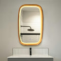 Rounded rectangle LED wood mirror above a bathroom basin