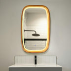 Rounded rectangle LED wood mirror above a bathroom basin